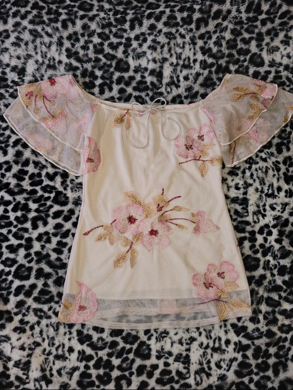 Papaya Cream Off-Shoulder Tunic with Pink and Gold Floral Embroidery